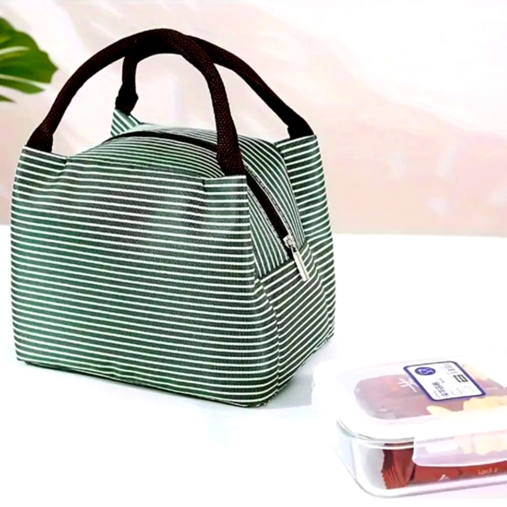 Striped Pattern Satchel Lunch Bag, Canvas Lightweight Portable Lunch Bag - New